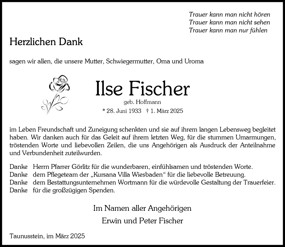  Traueranzeige für Ilse Fischer vom 29.03.2025 aus Wiesbadener Kurier