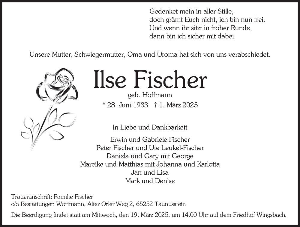  Traueranzeige für Ilse Fischer vom 08.03.2025 aus Wiesbadener Kurier