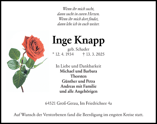 Traueranzeige von Inge Knapp von Groß-Gerauer Echo