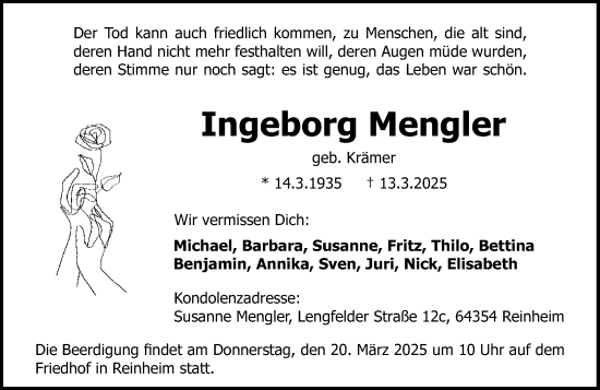 Traueranzeige von Ingeborg Mengler von Darmstädter Echo