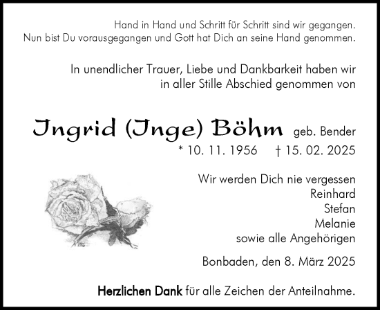 Traueranzeige von Ingrid Böhm von Wetzlarer Neue Zeitung