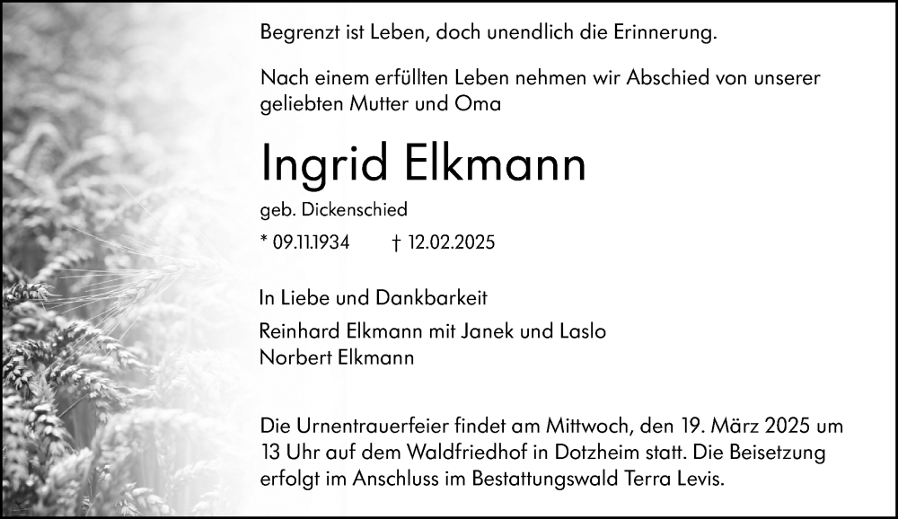  Traueranzeige für Ingrid Elkmann vom 08.03.2025 aus Wiesbadener Kurier