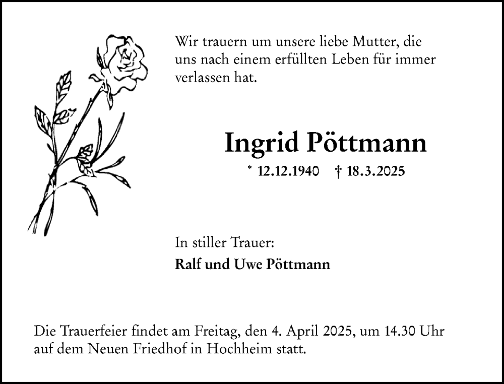  Traueranzeige für Ingrid Pöttmann vom 29.03.2025 aus Wiesbadener Kurier
