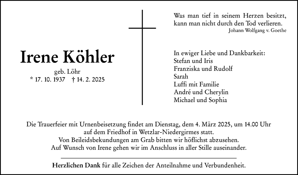  Traueranzeige für Irene Köhler vom 01.03.2025 aus Wetzlarer Neue Zeitung