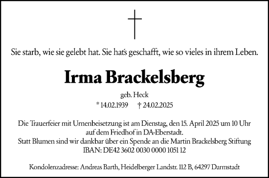 Traueranzeige von Irma Brackelsberg von Darmstädter Echo