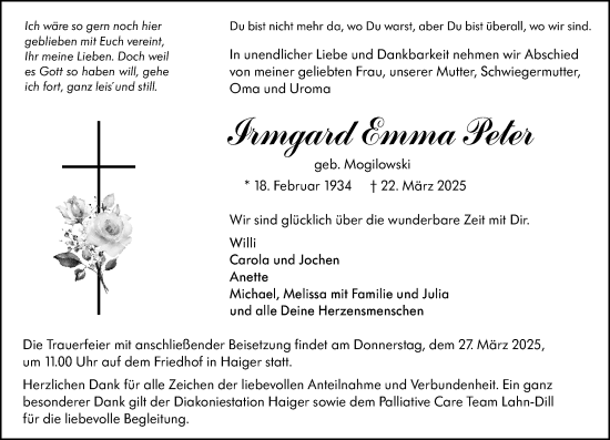 Traueranzeige von Irmgard Emma Peter von Dill Block
