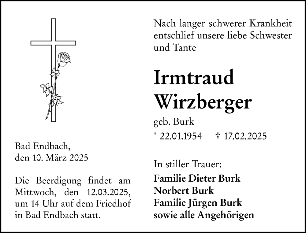  Traueranzeige für Irmtraud Wirzberger vom 10.03.2025 aus Hinterländer Anzeiger