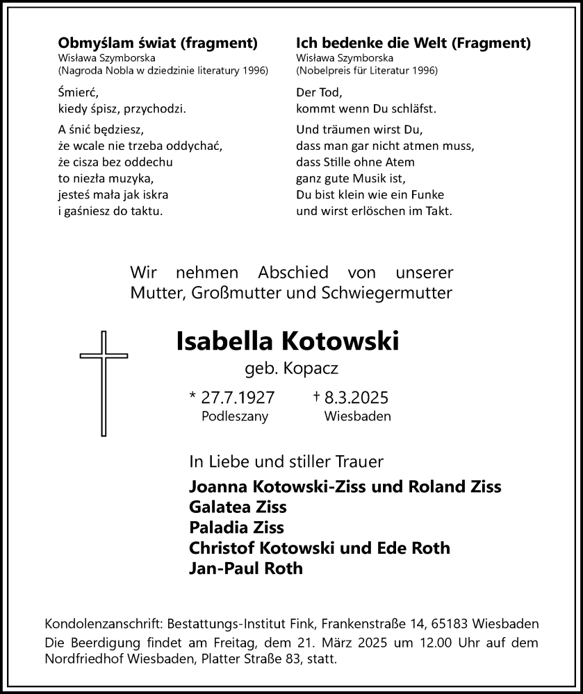  Traueranzeige für Isabella Kotowski vom 15.03.2025 aus Wiesbadener Kurier