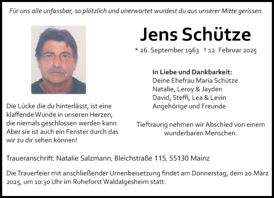 Traueranzeige von Jens Schütze von Binger-/Ingelheimer Wochenblatt
