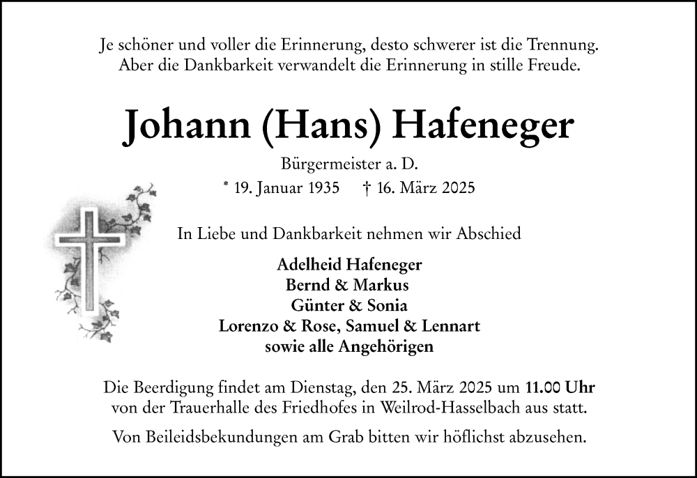  Traueranzeige für Johann Hafeneger vom 20.03.2025 aus Camberger Anzeiger