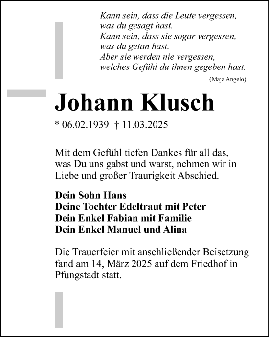 Traueranzeige von Johann Klusch von Darmstädter Echo