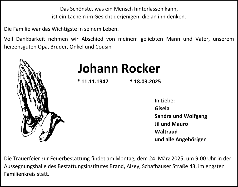  Traueranzeige für Johann Rocker vom 22.03.2025 aus Allgemeine Zeitung Alzey