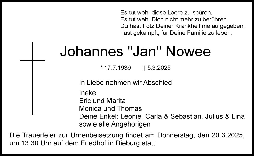  Traueranzeige für Johannes Nowee vom 15.03.2025 aus Dieburger Anzeiger/Groß-Zimmerner Lokal-Anzeiger