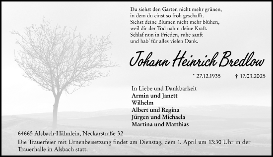 Traueranzeige von Johann Heinrich Bredlow von Darmstädter Echo