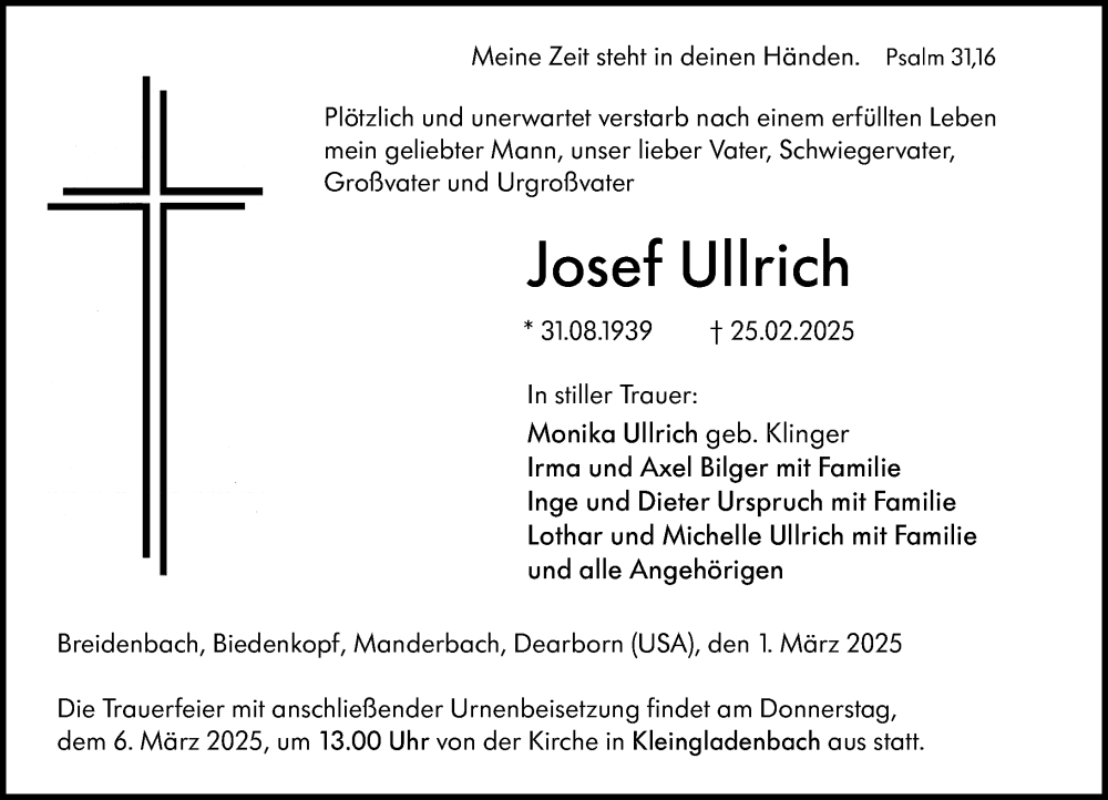  Traueranzeige für Josef Ullrich vom 01.03.2025 aus Hinterländer Anzeiger