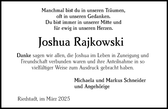 Traueranzeige von Joshua Rajkowski von Groß-Gerauer Echo