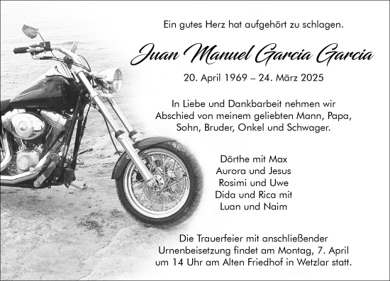 Traueranzeige von Juan Manuel Garcia Garcia von Wetzlarer Neue Zeitung