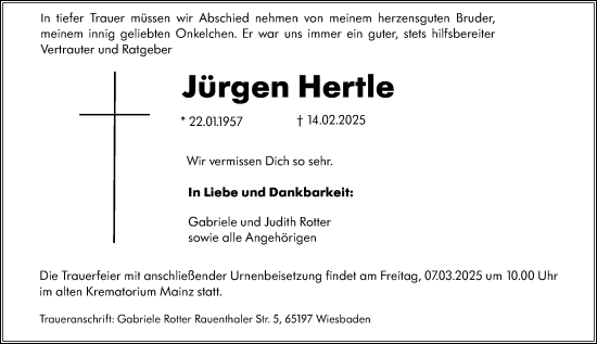 Traueranzeige von Jürgen Hertle von Allgemeine Zeitung Mainz
