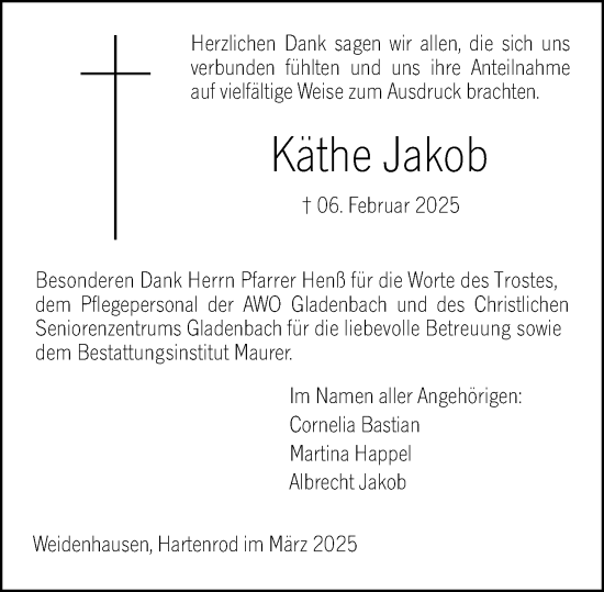 Traueranzeige von Käthe Jakob von Hinterländer Anzeiger