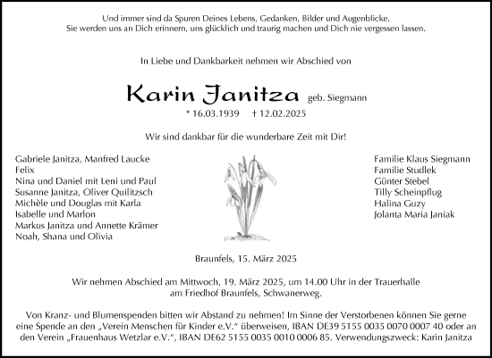Traueranzeige von Karin Janitza von Wetzlarer Neue Zeitung