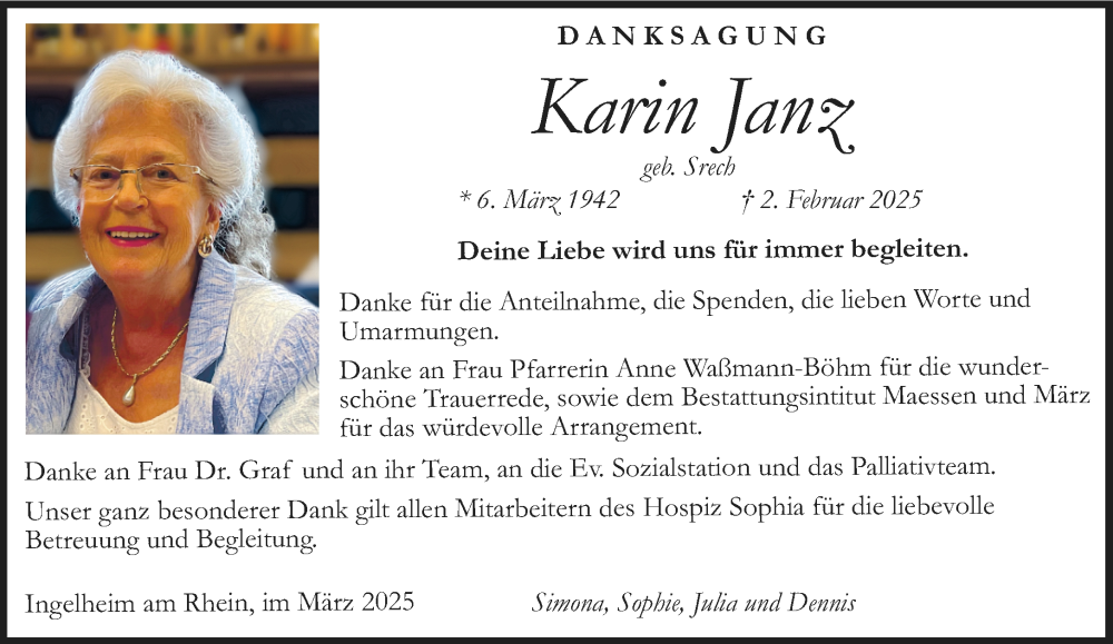  Traueranzeige für Karin Janz vom 22.03.2025 aus Allgemeine Zeitung Rheinhessen-Nahe