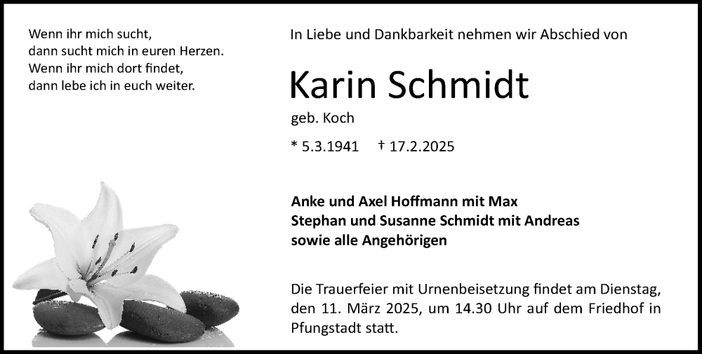  Traueranzeige für Karin Schmidt vom 08.03.2025 aus Darmstädter Echo
