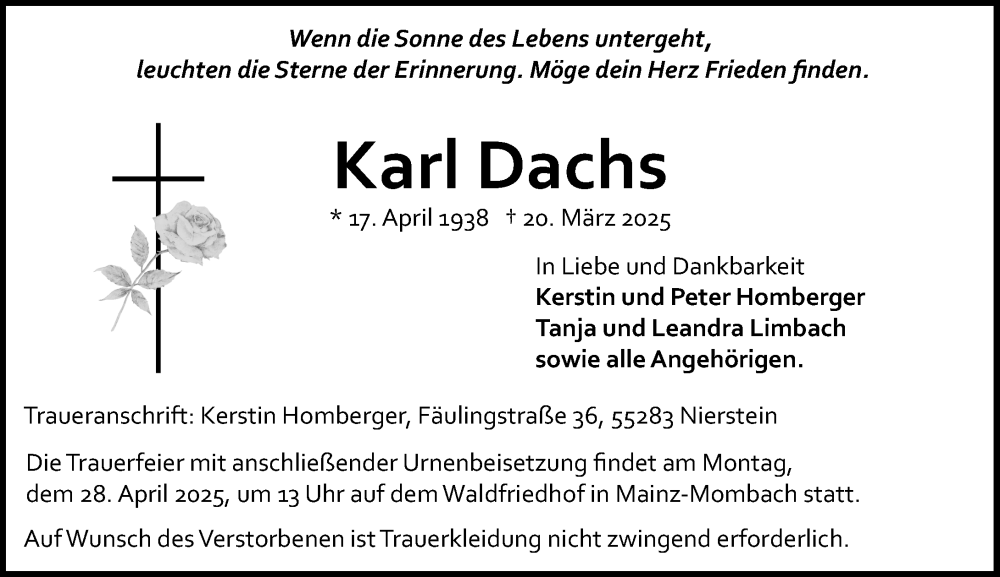  Traueranzeige für Karl Dachs vom 29.03.2025 aus Allgemeine Zeitung Mainz