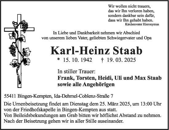 Traueranzeige von Karl-Heinz Staab von Allgemeine Zeitung Rheinhessen-Nahe