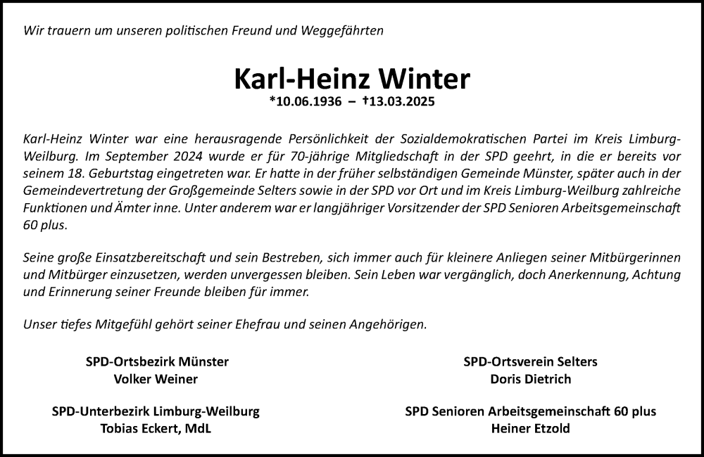  Traueranzeige für Karl-Heinz Winter vom 20.03.2025 aus Camberger Anzeiger
