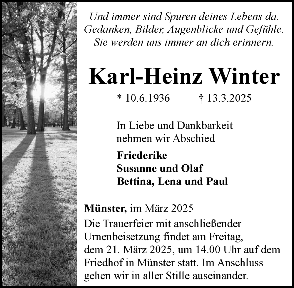  Traueranzeige für Karl-Heinz Winter vom 15.03.2025 aus Weilburger Tageblatt