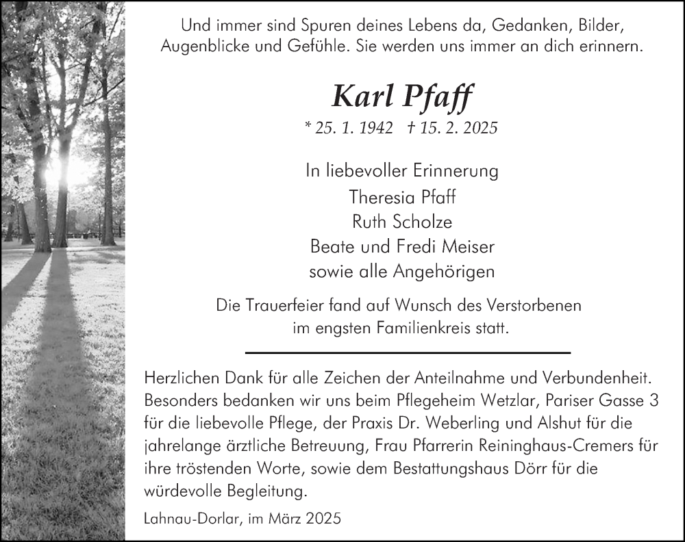  Traueranzeige für Karl Pfaff vom 01.03.2025 aus Wetzlarer Neue Zeitung