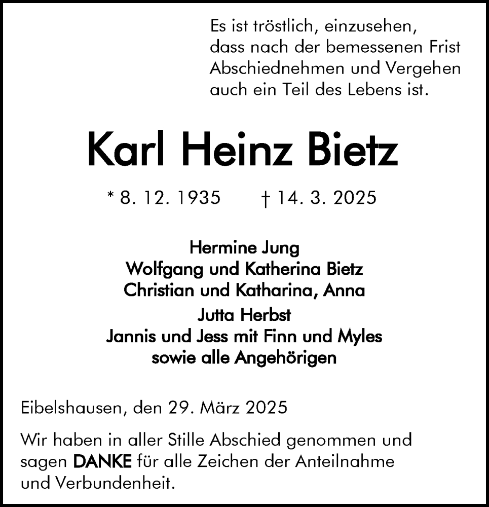  Traueranzeige für Karl Heinz Bietz vom 29.03.2025 aus Dill Block