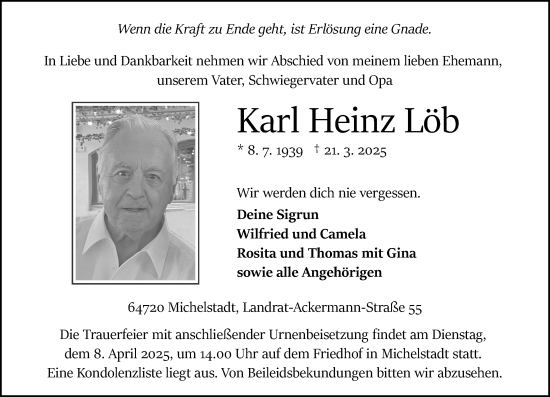 Traueranzeige von Karl Heinz Löb von Odenwälder Echo