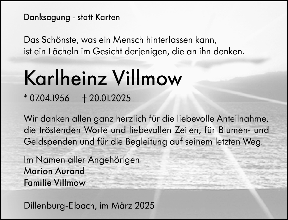  Traueranzeige für Karlheinz Villmow vom 19.03.2025 aus Dill Block