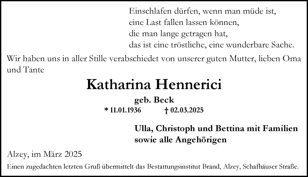  Traueranzeige für Katharina Hennerici vom 22.03.2025 aus Allgemeine Zeitung Alzey