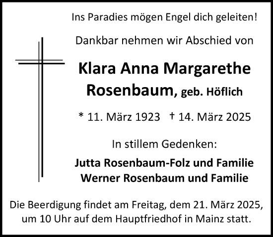 Traueranzeige von Klara Anna Margarethe Rosenbaum von Allgemeine Zeitung Mainz