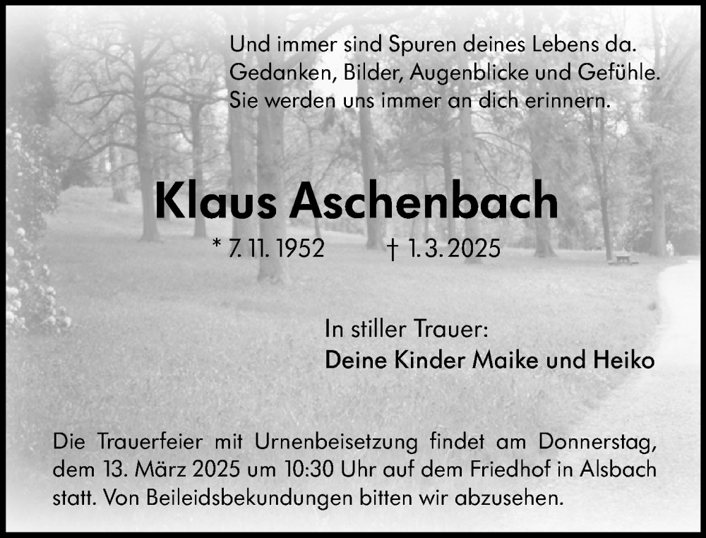  Traueranzeige für Klaus Aschenbach vom 08.03.2025 aus Darmstädter Echo