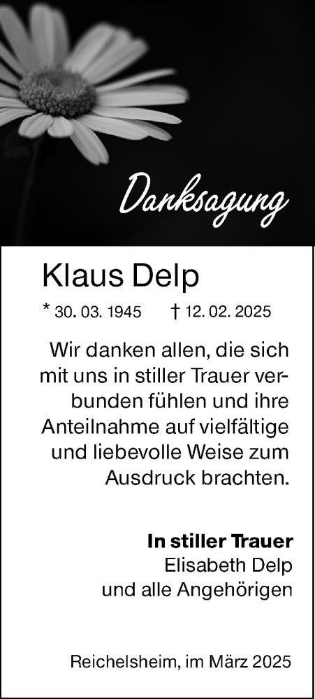  Traueranzeige für Klaus Delp vom 29.03.2025 aus Odenwälder Echo