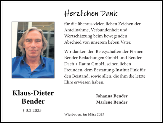Traueranzeige von Klaus-Dieter Bender von Wiesbadener Kurier