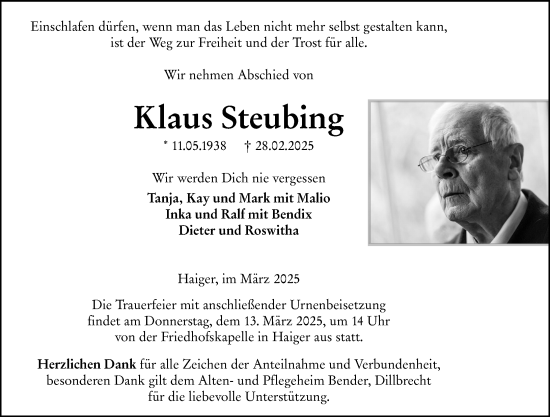 Traueranzeige von Klaus Steubing von Dill Block