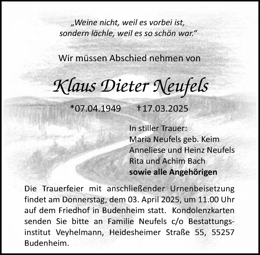  Traueranzeige für Klaus Dieter Neufels vom 29.03.2025 aus Allgemeine Zeitung Mainz