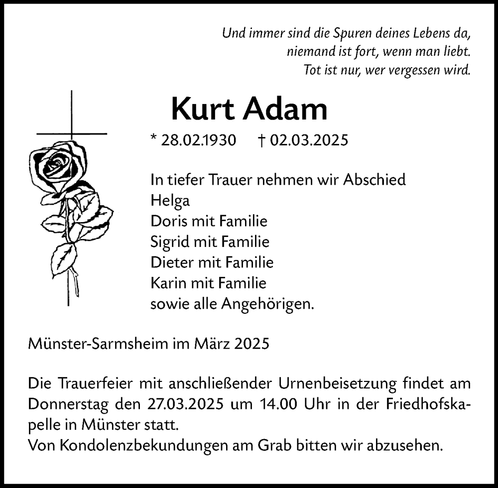  Traueranzeige für Kurt Adam vom 22.03.2025 aus Allgemeine Zeitung Rheinhessen-Nahe