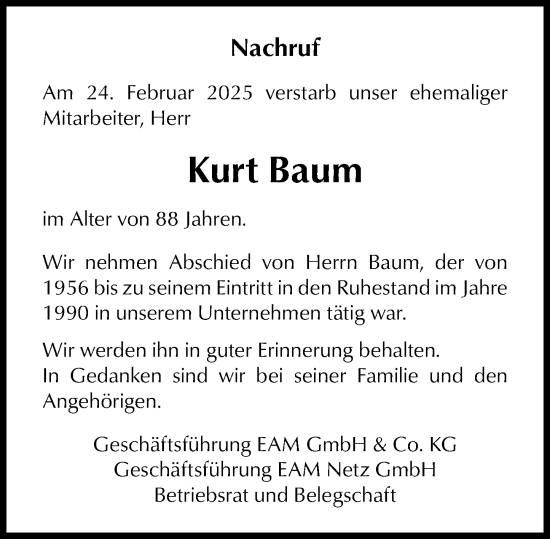 Traueranzeige von Kurt Baum von Dill Block