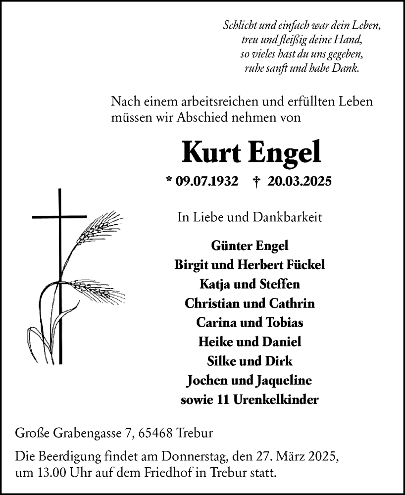  Traueranzeige für Kurt Engel vom 24.03.2025 aus Groß-Gerauer Echo