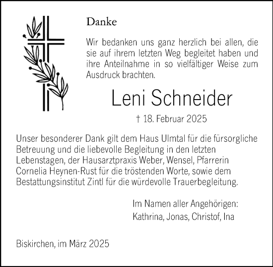 Traueranzeige von Leni Schneider von Wetzlarer Neue Zeitung