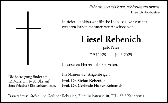 Traueranzeige von Liesel Rebenich von Darmstädter Echo
