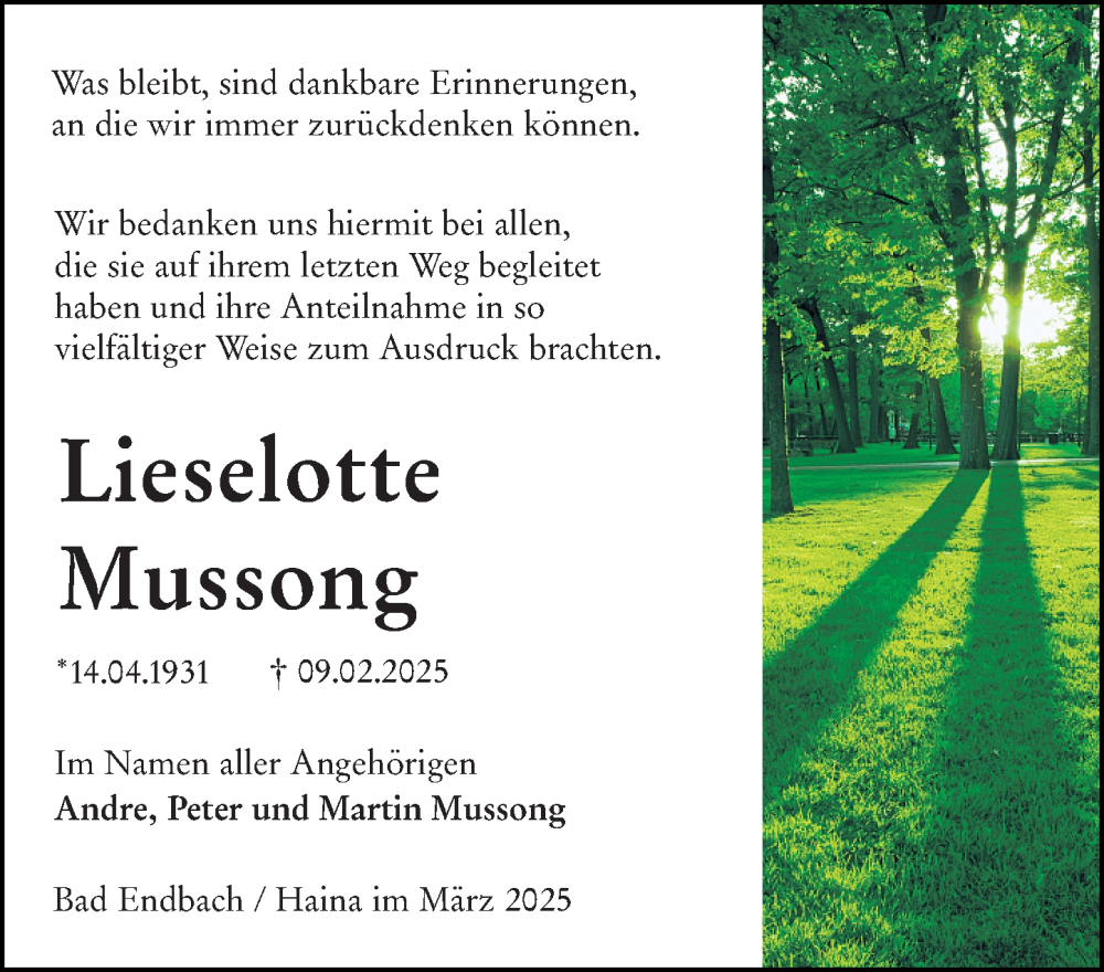  Traueranzeige für Lieselotte Mussong vom 15.03.2025 aus Hinterländer Anzeiger