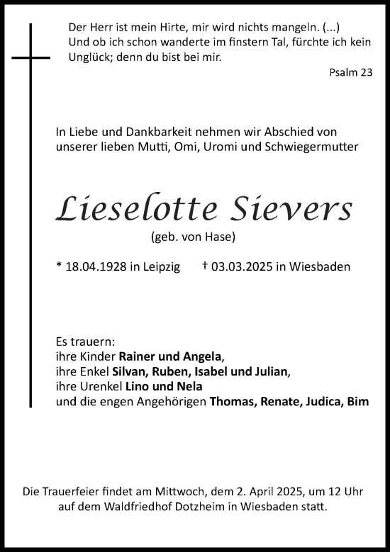 Traueranzeige von Lieselotte Sievers von Wiesbadener Kurier