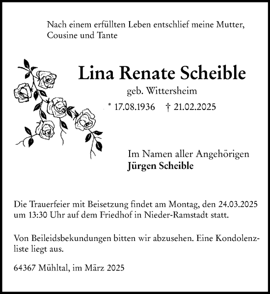 Traueranzeige von Lina Renate Scheible von Darmstädter Echo