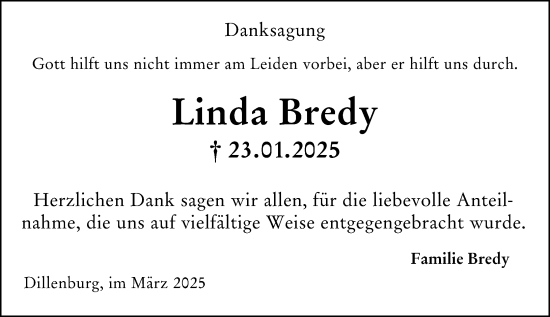 Traueranzeige von Linda Bredy von Dill Block